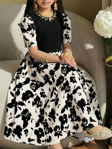 Vestido de punto con estampado de patchwork elegante y de moda para adolescentes - Blanco y Negro - Ver 1