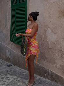 Bonvoyette 3pcs/Set Summer Holiday Beach Random Print & Mesh Print Bandeau Bikini Top, High Cut Bottoms And Bandeau Dress Sexy Women Swimwear Set - Multicolor - View 5