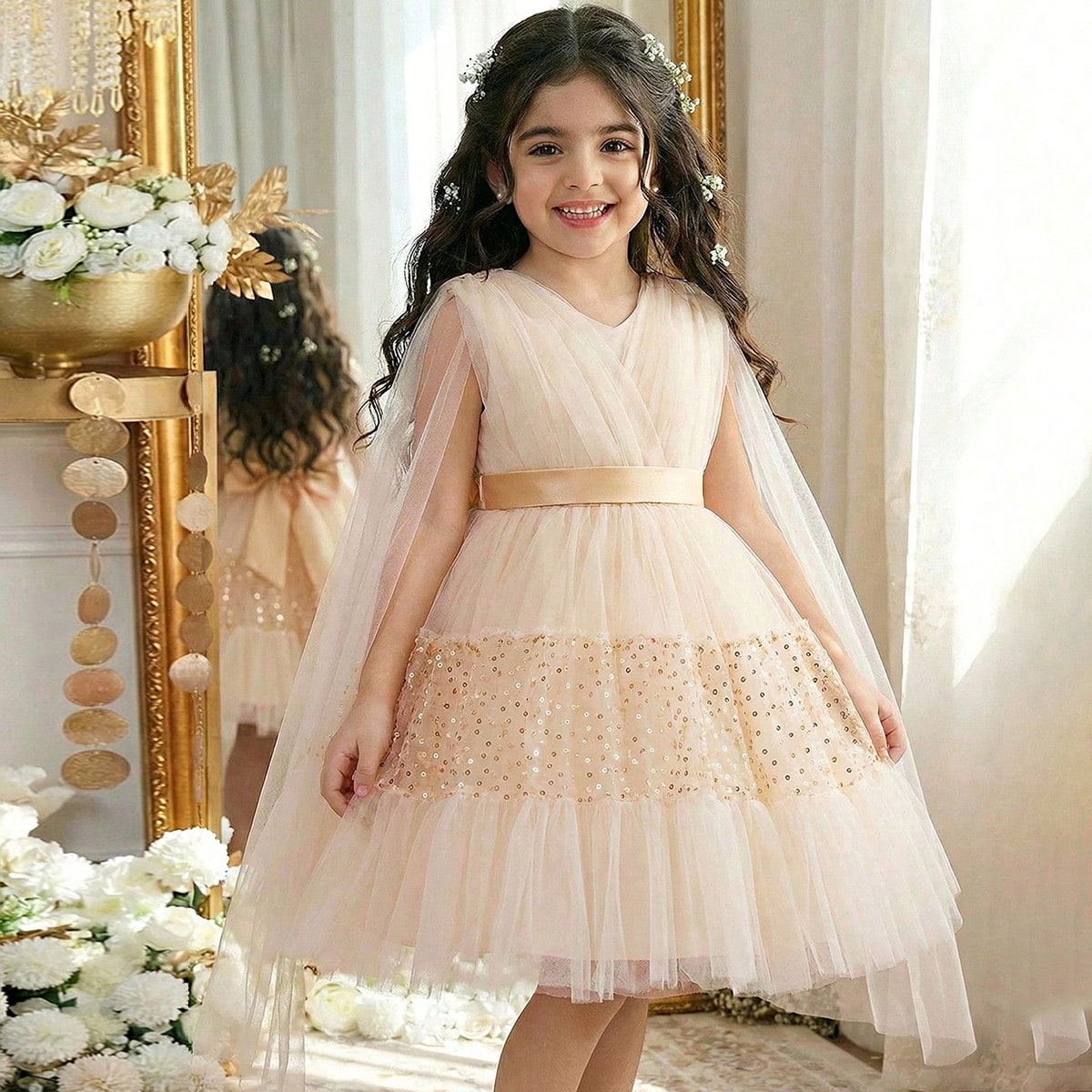 Vestido sin mangas con contraste de malla y lentejuelas doradas con decoración de lazo en la espalda para niñas, vestido de fiesta de cumpleaños in