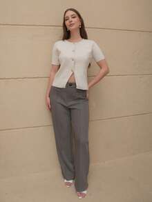 Duda Rubert 女士纯色休闲短袖薄款开衫 - 杏色 - 查看 1