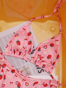 Swim Mod 女士两件式泳衣，时尚可爱水果印花三角上衣，挂脖式设计，搭配普通泳裤，成人沙滩装 - 彩色 - 查看 5