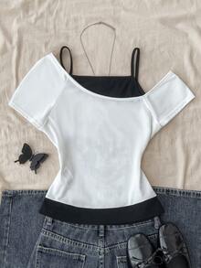 Teen Girls Casual Retro Print 2 In 1 Short Sleeve T-Shirt - Black and White - View 2