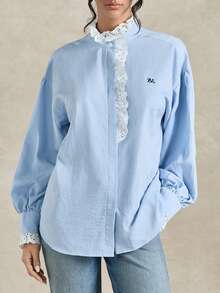 Briarwyn 2026新款女士春秋季蕾丝拼接长袖立领刺绣休闲衬衫，夏季，情人节，沙滩，优雅女士上衣 - 藍白色 - 查看 1