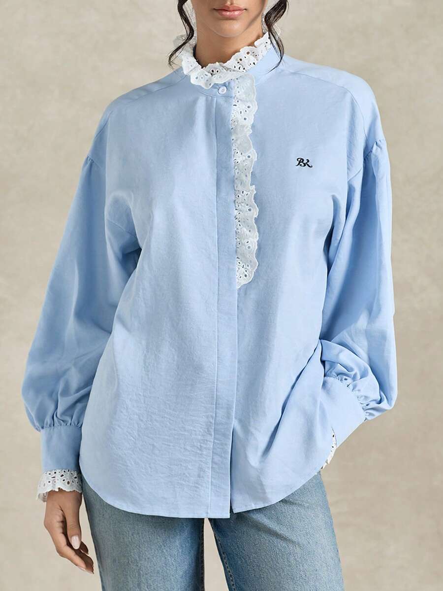 Briarwyn 2026新款女士春秋季蕾丝拼接长袖立领刺绣休闲衬衫，夏季，情人节，沙滩，优雅女士上衣 - 藍白色 - 查看 1