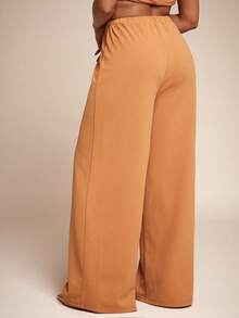 Vixey High Waist Elastic Waistband Wide Leg Knit Trousers - Khaki - View 5