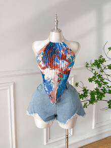SHEIN Comfortcana Camiseta de tirantes finos asimétrica con pliegues y estampado de pintura al óleo romántica de primavera, talla grande - Azul - Ver 3