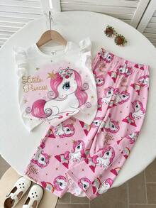 THE HAPPY LOOK 2pcs/Set Young Girl Cartoon Pattern Knit Soft Round Neck Ruffle Sleeveless Top And Elastic Waist Pants - Multicolor - View 4