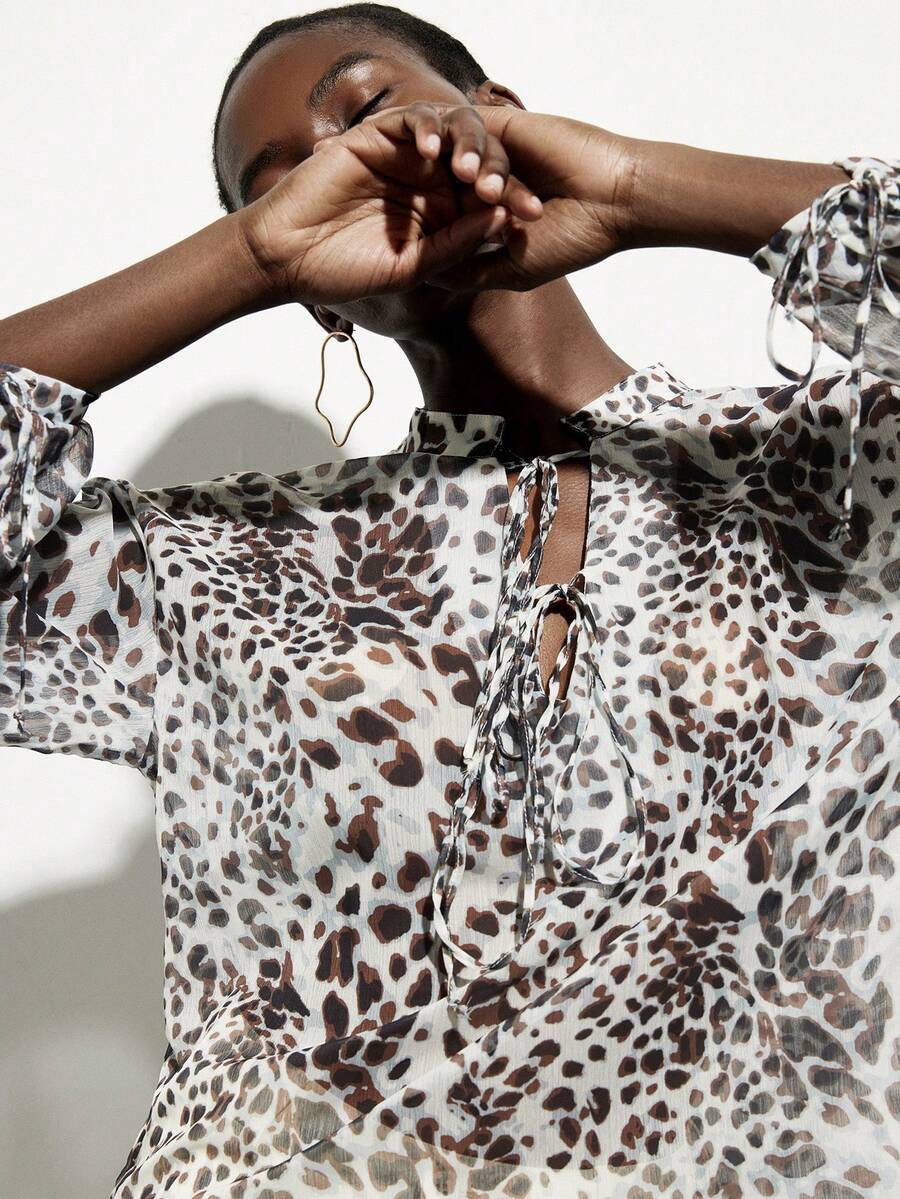 Aveloria Modichic Retro Bohemian Style Women's Blouse, Stand Collar, Tie Front & Cuffs, Puff Sleeves, Asymmetric Hem, Loose Fit, Leopard Print Chiffon Long Sleeve Shirt - Grey - View 1