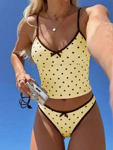 Swim Mod Bộ bikini 2 mảnh kiểu Âu và Mỹ mới về mùa Xuân/Hè, họa tiết chấm bi, áo ngực hai dây phối màu tương phản có đệm mút và quần bikini cạp cao, đồ bơi gợi cảm cho bãi biển, hồ bơi, tiệc sinh nhật. - Nhiều màu - Xem 1