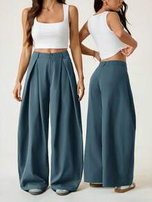 SHEIN PETITE 女士夏季复古休闲街头风外出宽松军绿色弧形裤脚长裤 - 藍色 - 查看 2