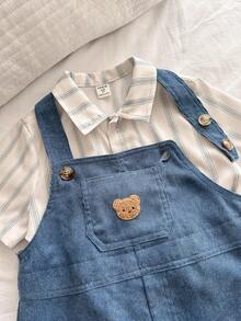 THE HAPPY LOOK 2pcs Young Boy Solid Color Versatile Comfortable Polo Collar Short Sleeve Cardigan Shirt And Bib Overall Pants Set - Blue - View 4