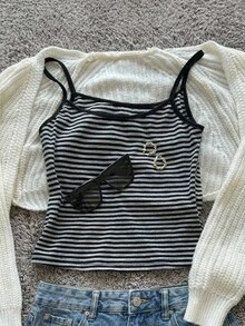 少女针织黑灰条纹修身休闲简约吊带背心 - 彩色 - 查看 2