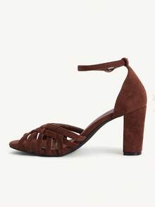 CUCCOO CHICEST 女士鞋履春夏新款镂空编织露趾圆头粗跟后跟带扣包8.5厘米女士高跟凉鞋绒面革纯色优雅百搭日常约会女鞋 - 棕色 - 查看 4