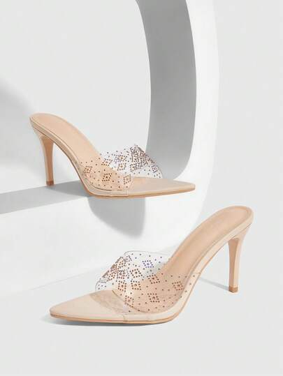 CUCCOO SZL Women Shoes Ladies Summer New Apricot Transparent Film Rhinestone High Heel Sandals Fashion Gorgeous Sexy Party Ladies Sandals Slippers