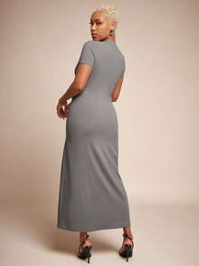 Vixey 纹理针织圆领短袖中长款摆裙 - 灰色 - 查看 5