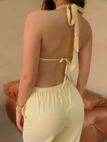 2 件女式蓝白条纹套装：棉质深 V 领露背吊带上衣和高腰抽绳阔腿裤，时尚休闲度假日常装，春夏 - 黃色 - 查看 4