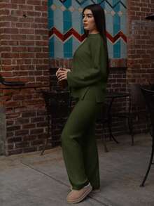 Andrea Bello 2pcs Women Knit Sweater Set - Crew Neck Pullover Sweater & Long Pants Fall Winter Cloth For Women - Army Green - View 4