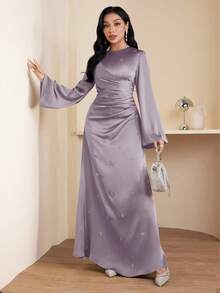 Veilorie Women's Solid Color Pleated Elegant Cinched Waist Dress, Suitable For Dates And Parties - Mauve Purple - View 4