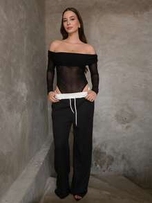 Duda Rubert Women's Fitted Off-Shoulder Solid Color Sexy Sheer Mesh Patchwork Ruched Bodysuit - Black - View 1
