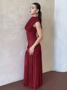 Andrea Bello Fashionable New Solid Red Mock Neck Sleeveless Sexy Hollow-Out Mesh Patchwork Pleated A-Line Dress, Suitable For Graduation Party, Holiday Events, Date - Burgundy - View 6