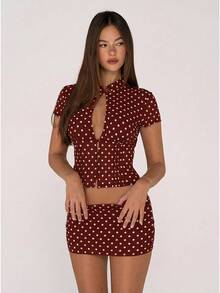 Sweetina Polka Dot Mesh Print Hollow Cardigan Top And Mini Bodycon Skirt 2 Piece Set For Women - Burgundy - View 3