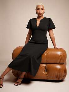 Vixey Petal Sleeve Deep V Neck Midi Length Swing Dress - Black - View 1