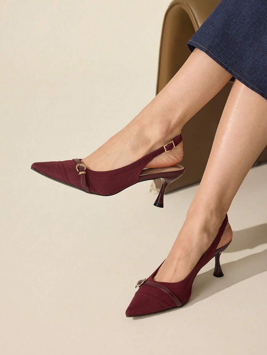 CUCCOO BASICS Women's Pointed Toe Buckle Design Fashionable High Heels For Daily Wear - Burgundy - View 1