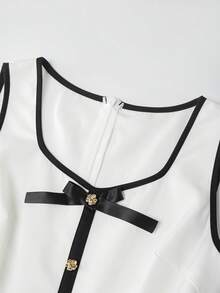 Franclia 女士夏季无袖连体裤，方领，撞色设计，黑色蝴蝶结金属扣装饰，松紧腰，隐形拉链，梭织面料，休闲时尚白色连体裤，带蝴蝶结，优雅短款连体裤，连衣裙连体裤，短款连体裤，休闲连体裤，带蝴蝶结装饰的白色连体裤，居家办公服装，女士蝴蝶结装饰连体裤，女士工作服，女士工作装，女士可爱服装，女士漂亮服装 - 黑與白 - 查看 5