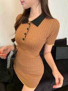 DAZY Spring & Summer Contrast Color Splicing Collegiate Style Back To School Valentine's Day Fitted Mini Elegant Knit Dress - Camel - View 8