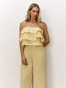 Daynim Tie Shoulder Layered Ruffle Trim Wide Leg Cami Jumpsuit - Yellow - View 4