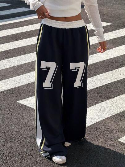 Muchica Women's Elastic Waist Numeric Print Casual Versatile Daily Wear Sweatpants
