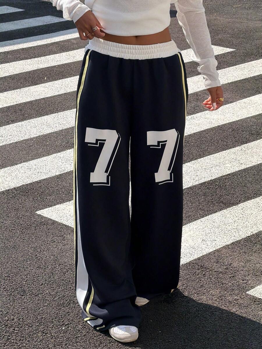 Muchica Women's Elastic Waist Numeric Print Casual Versatile Daily Wear Sweatpants - Navy Blue - View 1