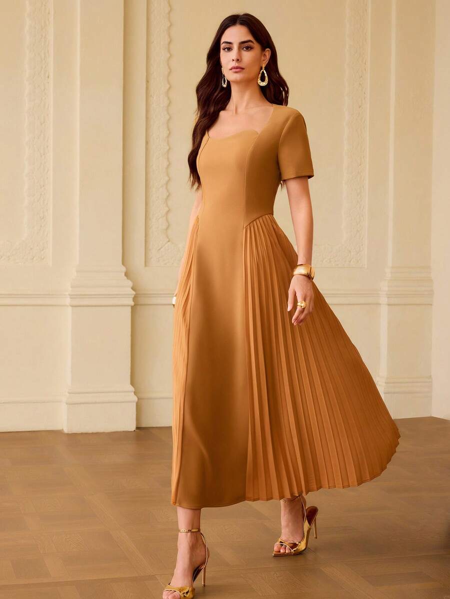 ZEYLAH Asymmetrical Collar Pleated Mid-Length Dress For Women - Khaki - View 1