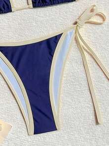 Bonvoyette Women's Summer Beach Patchwork Halter Tie Sexy Bikini Swimwear Set Navy Blue Bikini Set Yacht Party Outfit Modest Bikini Set Vacation Bikini Boat Party Outfit Women - Navy Blue - View 4