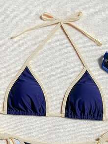 Bonvoyette Women's Summer Beach Patchwork Halter Tie Sexy Bikini Swimwear Set Navy Blue Bikini Set Yacht Party Outfit Modest Bikini Set Vacation Bikini Boat Party Outfit Women - Navy Blue - View 5