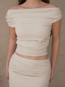 Duda Rubert 女性不對稱領口不對稱褶皺上衣+低腰褶皺高衩粉色純色裙裝套裝，適用於夏季 - 杏色 - 查看 4