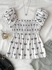 少女休闲度假舒适蝴蝶结印花短袖衬衫，夏季 - 杏色 - 查看 2