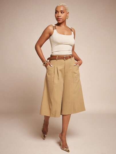 Vixey High Waist Pleated Wide Leg Culotte Pants