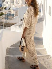 Breezaya New Summer Holiday Outfits Women's Beige Openwork Knit Two Pieces Set - V-Neck Button-Up Cardigan & Midi Skirt, Coastal Feminine Charm & Retro Casual Style - Khaki - View 8