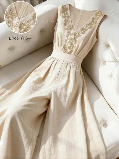 Franclia 女士夏季无袖V领连体裤，饰有荷叶边，腰部拼接设计，阔腿宽松版型，松紧腰带，A字廓形，亚麻棉质面料，百搭时尚，尽显年轻活力