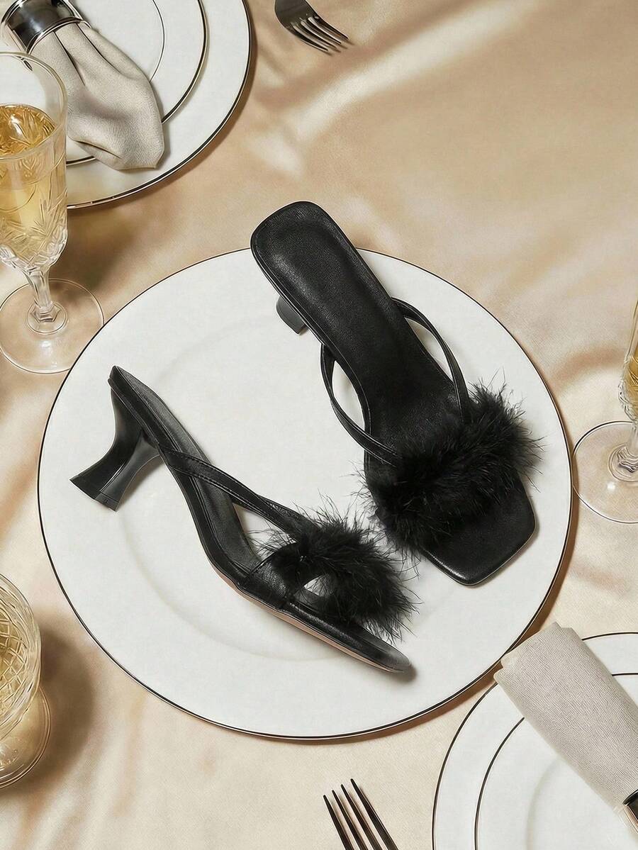 女士时尚高跟毛绒凉鞋，女士黑色休闲鞋 - 黑色 - 查看 1