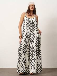 Enliva Plus Size Women's Wide-Leg Jumpsuit,Tropical Plant Leaf Print Sleeveless Boho Summer Vacation Holiday Beige Jumpsuit For Apple And Rounded - Apricot - View 6