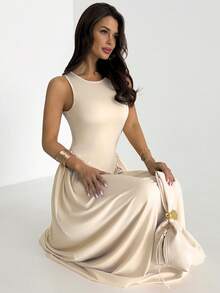 Firerie 女士优雅简约日常穿搭独特纯色短袖修身立领不对称A字腰长裙 - 杏色 - 查看 6