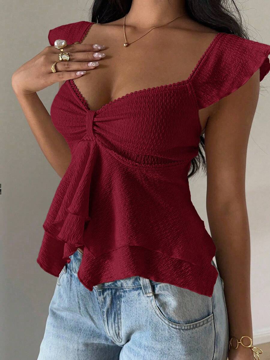 SHEIN EZwear 女士纹理针织荷叶边下摆甜心领短袖优雅T恤，锐舞上衣 - 酒紅色 - 查看 1