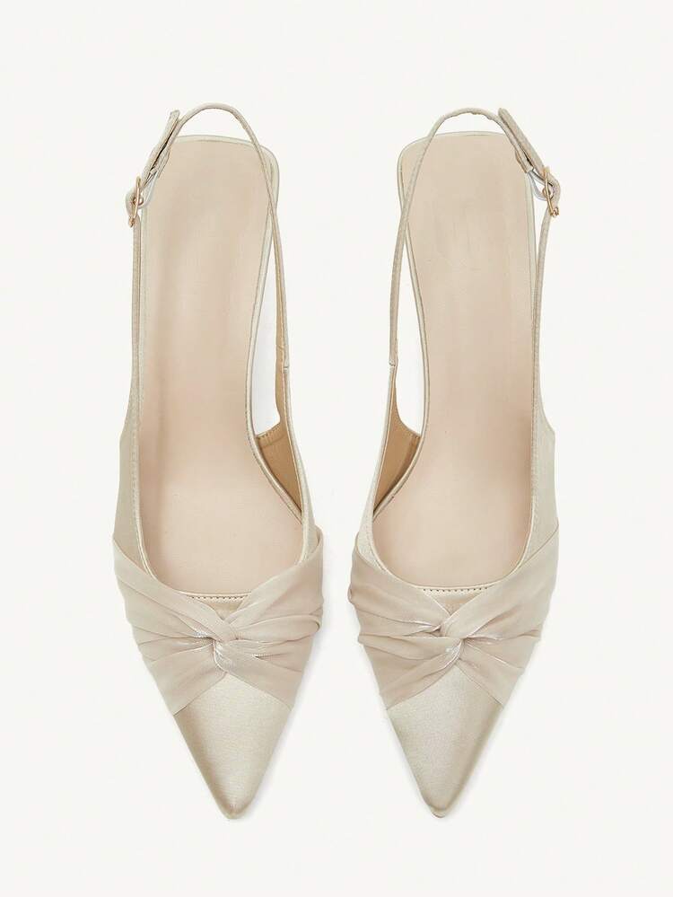 CUCCOO CHICEST Pointed Gentle Temperament Fashionable Versatile Rhinestone Design Sense Bow Elegant Fairy Slingback Satin Apricot High Heels Wedding Shoes Summer Shoes Bride Shoes