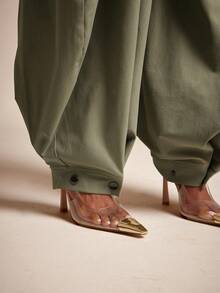 Vixey Cuffed Hem Pleated High Waist Baggy Harem Office Pants - Army Green - View 4