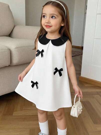 Elladie kids Vestido de línea A de niñas jóvenes con cuello elegante y estilo princesa, de color albaricoque con decoración de lazo negro