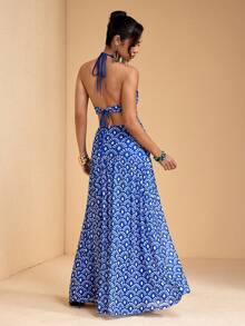 JIAN LASALA 全印花网纱吊带系带无袖深V露背女士度假长裙 - 藍色 - 查看 2