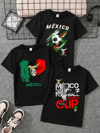Paquete de 3 Camisetas para niños de 4 a 12 años de 100% algodón con manga corta y cuello redondo, prenda de excelente calidad, cómoda y suave al tacto, con diseño estampado del mundial de futbol 2026, Norteamérica, México, EU y Canadá, equipos, deportes, balón