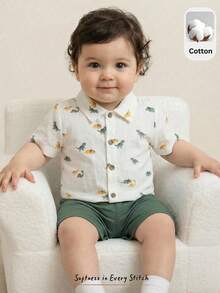 Cozy Pixies Bộ 2 món gồm áo sơ mi ngắn tay cổ bẻ in hình khủng long hoạt hình và quần short cạp chun cho bé trai, thích hợp cho các hoạt động ngoài trời, đi học, du lịch, nghỉ mát, đi biển, trở lại trường học. - Nhiều màu - Xem 2
